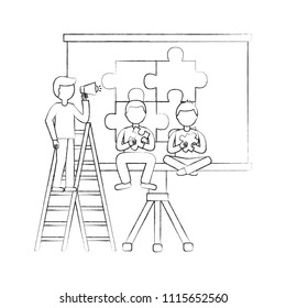 business people with megaphone and puzzle teamwork
