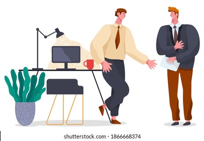 Business people men standing at a table communicating. Smiling friendly colleagues wearing formal clothes vector flat design. Office staff meeting, appointment of business partners on white background