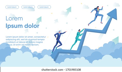 Business People, Men and Women Cartoon Characters on Rising Up Arrow. Successful Career Growth and Winning in Market Competition - Metaphor. Leadership and Self-development. Flat Vector Illustration.