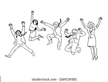 Business People Men And Women Jumping For Joy. Happy Team Jump High. Office Workers Celebrating Victory. Success Teamwork Concept. Hand Drawn Sketch Vector Illustration Isolated On White Background.