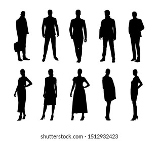 Business people, men and women standing in formal clothing, group of isolated vector silhouettes