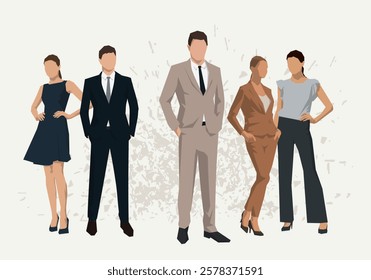 Business people, men and women standing in formal clothing, group of isolated geometric vector illustrations of office workers