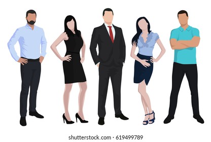 Business people, men and women standing in different poses. Vector characters