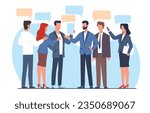 Business people, men and women talking to each other. Empty speech bubbles. Brainstorming process, discussing and communication, group of employees cartoon flat isolated vector concept