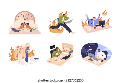 Business people miss deadlines, break schedule and plan at work. Bad time management concept. Stressed hurrying employees with clocks, calendars. Flat vector illustrations isolated on white background