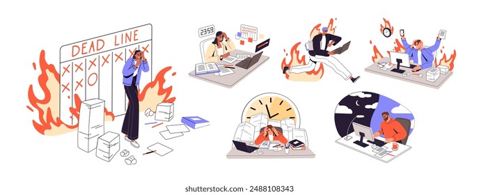 Business people miss deadlines set. Bad time management concept. Stressed employees hurrying at work, late by schedule, plan, fail by clocks, calendars. Flat isolated vector illustrations on white