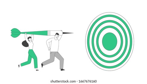 Business People Mission Achievement and Corporate Competition. Businessman and Businesswoman Characters Throw Darts to Target. Aim Challenge, Task Solution, Strategy Goals. Linear Vector Illustration