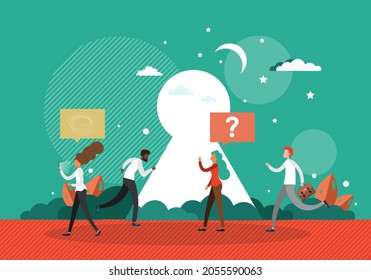 Business people with mobile phone, speech bubble in front of keyhole, flat vector illustration. Business opportunities.