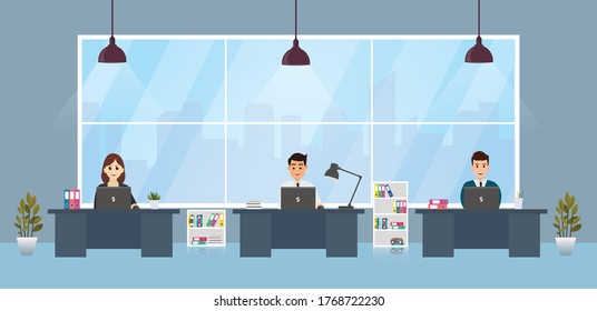 Business people, modern office interior with boss and employees. 