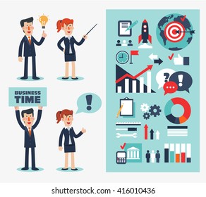 Business people modern vector set. Businessmen and women in various poses and situations. Infographics elements and icons. Success, idea, marketing presentations and business strategy concept design