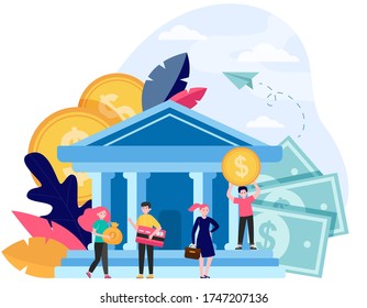 Business people with money and credit card standing near bank building. Queue of customers visiting bank office. Flat vector illustration for finance, payment, transaction, service concepts