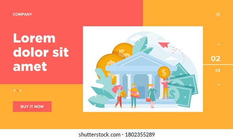 Business people with money and credit card standing near bank building. Queue of customers visiting bank office. Flat vector illustration for finance, payment, transaction, service concepts