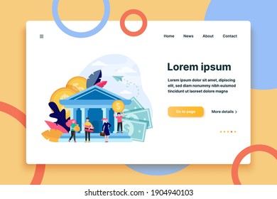 Business people with money and credit card standing near bank building. Queue of customers visiting bank office. Flat vector illustration for finance, payment, transaction, service concepts