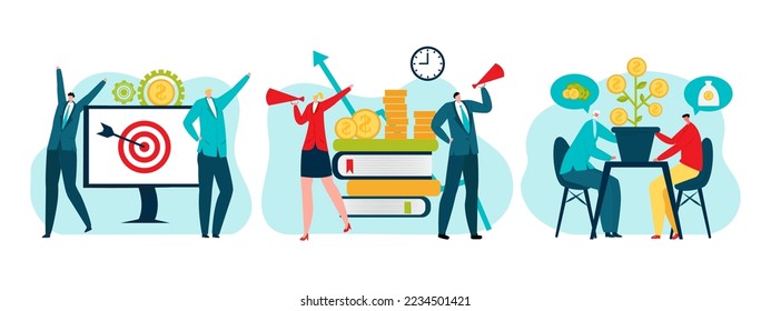 Business people with money, finances concept, set of vector illustrations. Strategy, planning, market research, finance and investment.