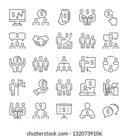 Business people and money icons set. Line style