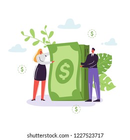 Business People with Money Stack. Rich Businessman and Businesswoman Characters. Financial Success, Profit, Salary, Income, Making Money Concept. Vector illustration