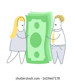 Business people with money stack, rich businessman and businesswoman cartoon linear characters holding banknotes. Financial success concept, profit, wages, salary, income, make money. Flat line vector