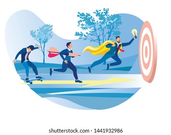 Business People Moving by Yellow Arrow to Common Target. Men Working Process for Reach Aim and Success. Creative Metaphor. Man on Skateboard, Guy with Dart, Cartoon Flat Vector Illustration