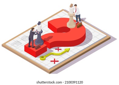 Business People Moving Chess Pieces On Red Question Mark, Flat Vector Isometric Illustration. Negotiation Strategy And Tactics Concept.