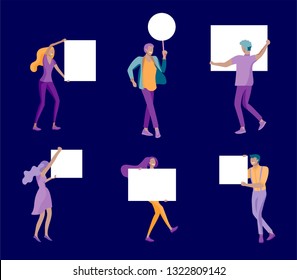 Business people moving, dancing and holding blank banner and stand. People taking part in parade or rally. Male and female protesters or activists. Modern vector illustration flat concepts character