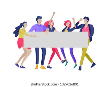 Business people moving, dancing and holding blank banner and stand. People taking part in parade or rally. Male and female protesters or activists. Modern vector illustration flat concepts character