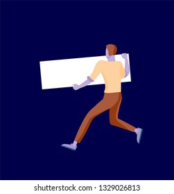 Business people moving, dancing and holding blank banner and stand. People taking part in parade or rally. Male and female protesters or activists. Modern vector illustration flat concepts character