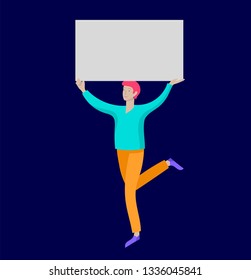 Business people moving, dancing and holding blank banner and stand. People taking part in parade or rally. Male and female protesters or activists. Modern vector illustration flat concepts character