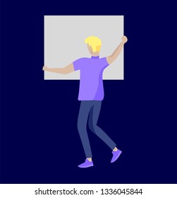 Business people moving, dancing and holding blank banner and stand. People taking part in parade or rally. Male and female protesters or activists. Modern vector illustration flat concepts character