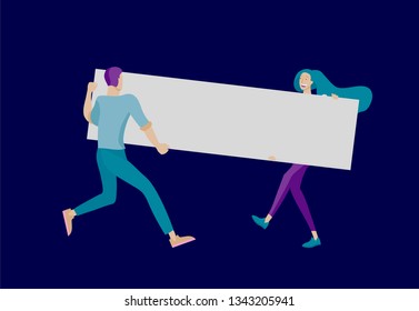 Business people moving, dancing and holding blank banner and stand. People taking part in parade or rally. Male and female protesters or activists. Modern vector illustration flat concepts character