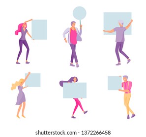 Business people moving, dancing and holding blank banner and stand. People taking part in parade or rally. Male and female protesters or activists. Modern vector illustration flat concepts character