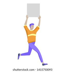 Business people moving, dancing and holding blank banner and stand. People taking part in parade or rally. Male and female protesters or activists. Modern vector illustration flat concepts character