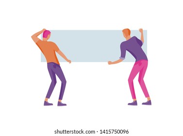 Business people moving, dancing and holding blank banner and stand. People taking part in parade or rally. Male and female protesters or activists. Modern vector illustration flat concepts character