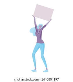 Business people moving, dancing and holding blank banner and stand. People taking part in parade or rally. Male and female protesters or activists. Modern vector illustration flat concepts character