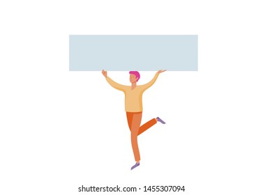 Business people moving, dancing and holding blank banner and stand. People taking part in parade or rally. Male and female protesters or activists. Modern vector illustration flat concepts character
