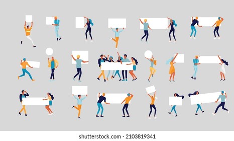 Business people moving, dancing and holding blank banner and stand. People taking part in parade or rally. Male and female protesters or activists. Modern vector illustration flat concepts
