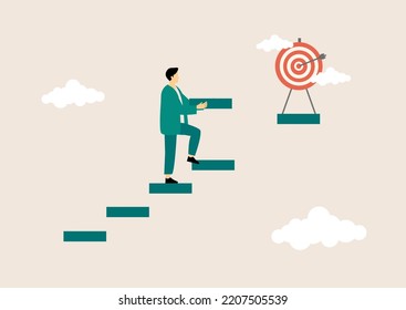 Business People Moving To Success. Men Climbing Up Career Ladders And Growth To Achievement Of Goals, Business, And Career Development Vector Illustration