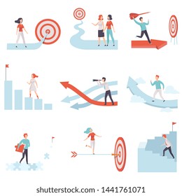 Business People Moving to Success Set, Men and Women Climbing Up Career Ladders and Growth Arrows to Achievement of Goals, Business and Career Development Vector Illustration