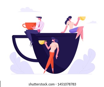 Business People, with Mugs Sitting on Huge Cup, Colleagues Having Coffee Break in Meeting Room, Friends Drinking Beverages after Work Having Friendly Conversation. Cartoon Flat Vector Illustration