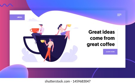 Business People, with Mugs Sitting on Huge Cup, Colleagues Having Coffee Break, Friends Drink Beverages Friendly Conversation. Website Landing Page, Web Page. Cartoon Flat Vector Illustration, Banner