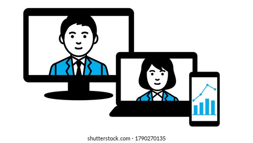 Empresarios y multidispositivo. Ilustración vectorial.