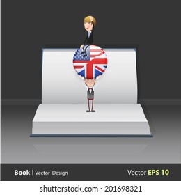 Business people with national button on open book