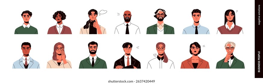 Business people with negative emotions, avatars set. Office workers, employees with sad, angry, stressed, worried and annoyed face expressions. Flat vector illustrations isolated on white background