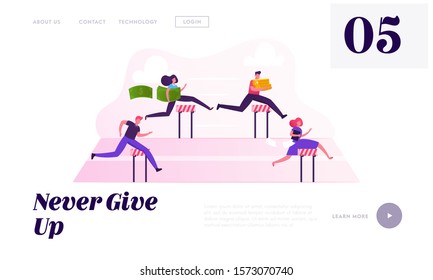 Business People Obstacle Race Website Landing Page. Managers Holding Money and Documents Jumping over Barriers on Stadium. Leadership Steeplechase Web Page Banner. Cartoon Flat Vector Illustration