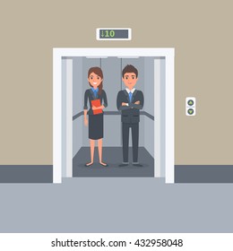 Business people in office building elevator. Vector Illustration.