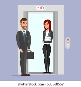 Business people in office building elevator. Vector creative color illustrations flat design in flat modern style.