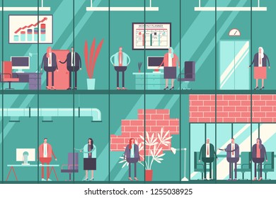 Business people in office building. Vector cartoon flat working man and woman character in window. Businessman workplace concept illustration.