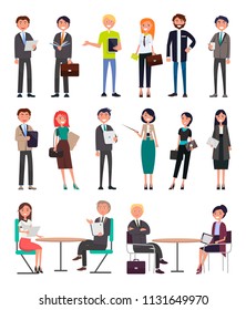 Business people in office clothes characters set. Men and women wear formal outfits with modern devices or leather briefcases vector illustrations.