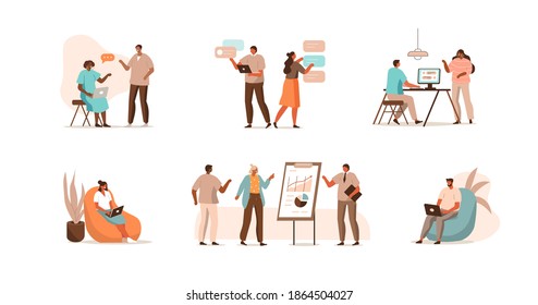 Business People in Office. Colleagues Meeting, Brainstorming, Discussing Together. Characters Group Team Working and Achieving Business Goals. Teamwork Concept. Flat Cartoon Vector Illustration.