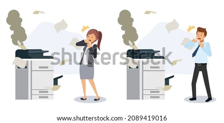 Business people in office concept. Problem at office, broken printer, messy,office equipment.Flat vector 2D cartoon character illustration.