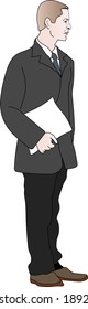 business, people and office concept - successful businessman in dark gray suit holds a report in his hands